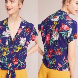 Maeve Floral Tie-Front Blouse - Blue and Red